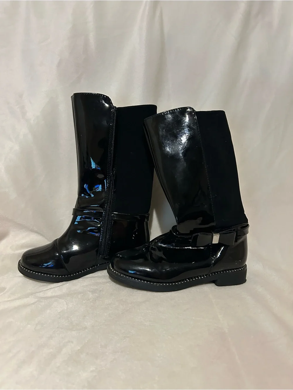 Women’s Black Patent Mid-Calf Boots with Decorative Bow